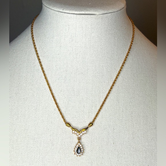Vintage Signed Roman Rhinestone Necklace Green & Clear Teardrop Gold tone Chain - Picture 1 of 2